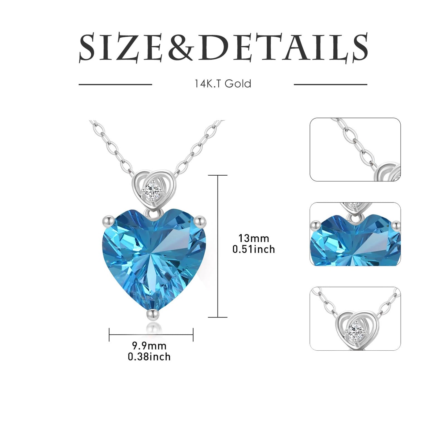 NFYBD 14k White Gold Love Heart Blue Topaz Birthstone Pendant Necklace for Women 3 Carat Heart-cut Created Gemstone Anniversary Birthday Mother's Day Necklaces for Her-topaz