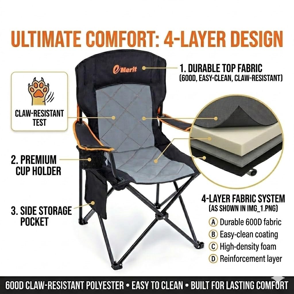 EMERIT 2 Pack Oversized Padded Camping Chair, 350LB Heavy Duty Quad Fold Chair with Arms, Collapsible Outdoor Chairs with Lumbar Back & Cup Holder