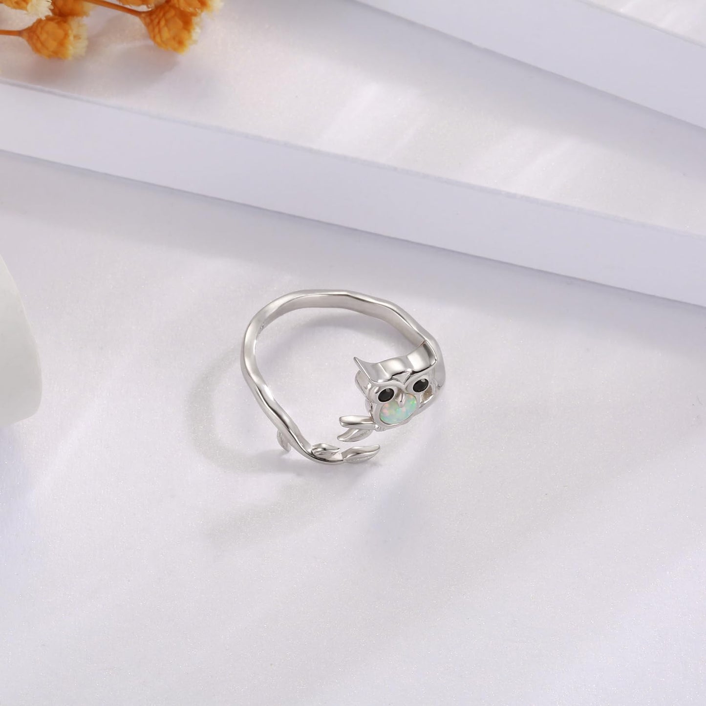 Zepmais 925 Sterling Silver Animal Ring - Adjustable Open Owl Axolotl Rings with Heart Cubic Zirconia Opal Cute Animals Jewelry Gifts for Women (Owl Ring)