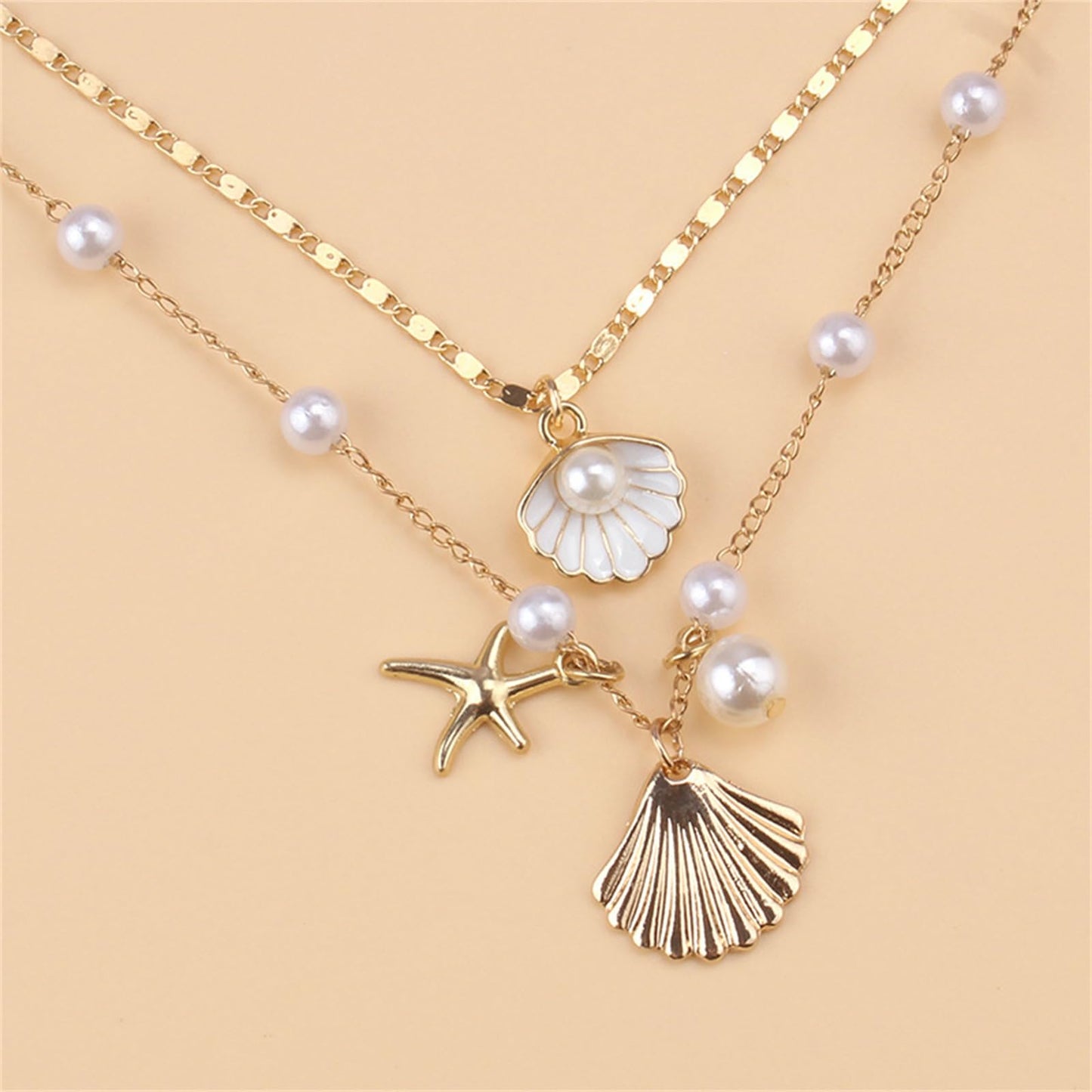 Boho Starfish Seashell Layered Necklace Gold Silver Plated Dainty Charm Double Layer Sea Shell Lucky Stars Ocean Animal Chain Necklace for Women Hawaiian Summer Beach Vacation Jewelry Gifts (White)