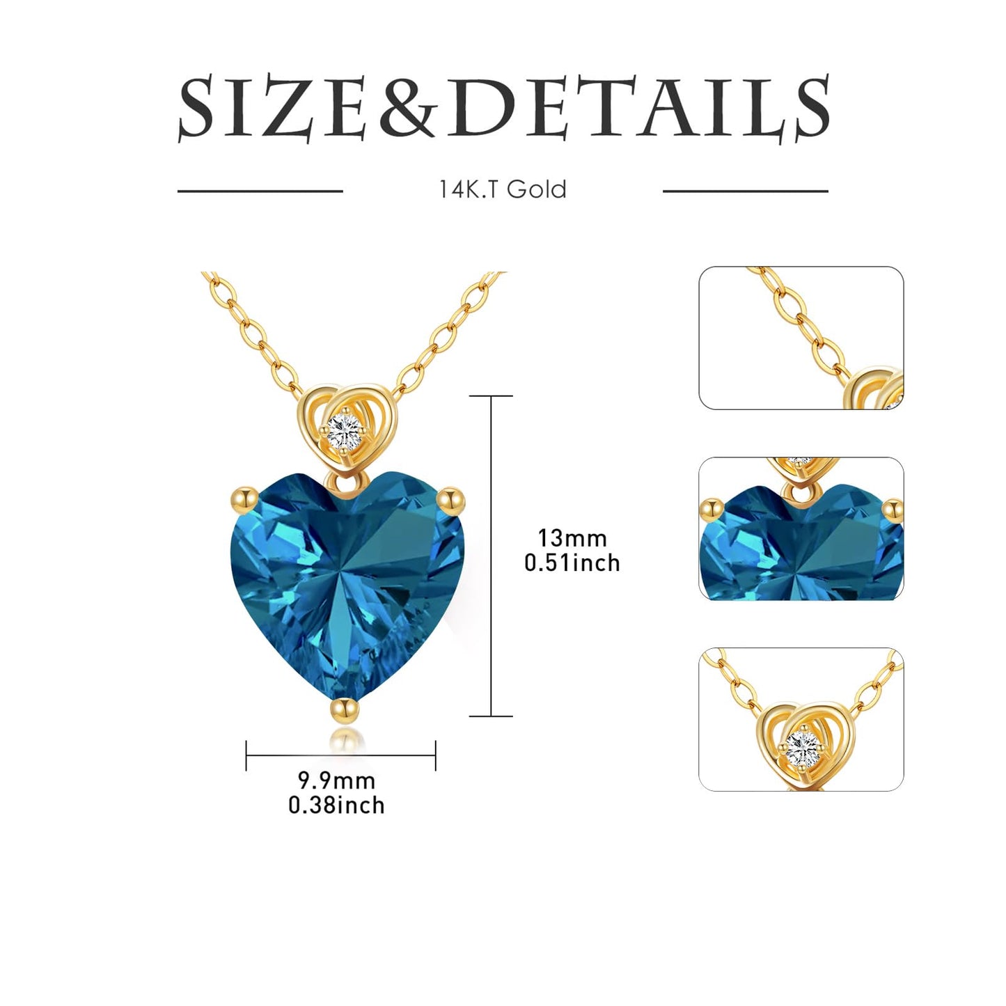 NFYBD 14k Gold Love Heart London Blue Topaz Birthstone Pendant Necklace for Women 3 Carat Heart-cut Created Gemstone Anniversary Birthday Mother's Day Necklaces for Her 16+1+1 inch