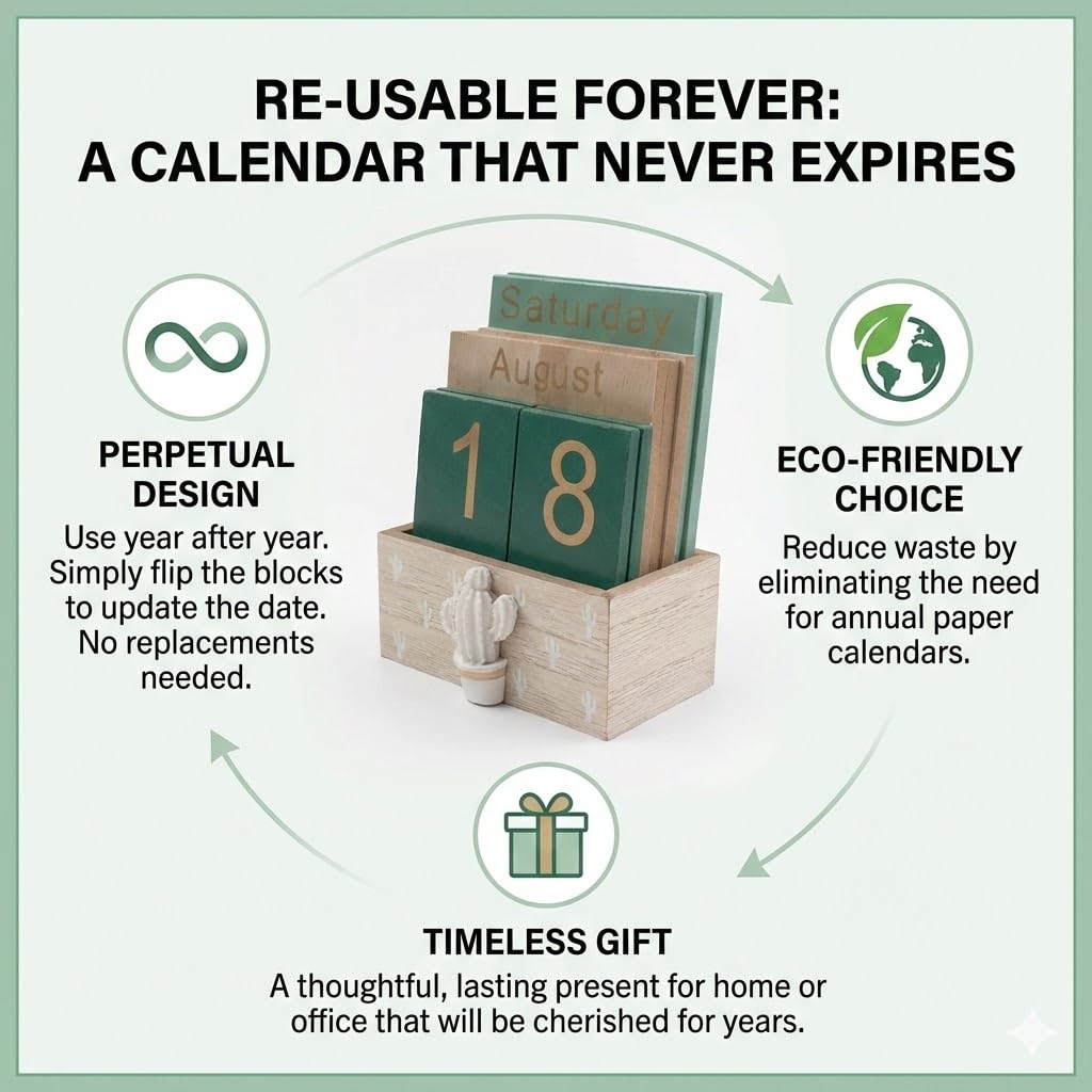 ZENSEWEN Cactus Wooden Perpetual Calendar for Desk Decor - Aesthetic Boho Office Accessories & Wood Block Daily Calendar - Reusable Classroom Decor & Unique Plant Lover Gift for Teachers, Students & Coworkers