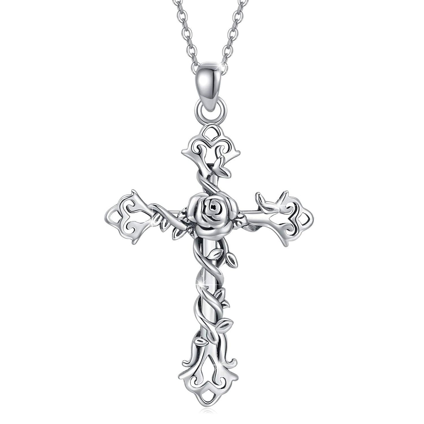 Cross necklace 925 Sterling Silver Rose Crose Pendant Necklace Cross Necklace for Women (A-Rose Cross Necklace) (Rose Cross Neckalce 1)