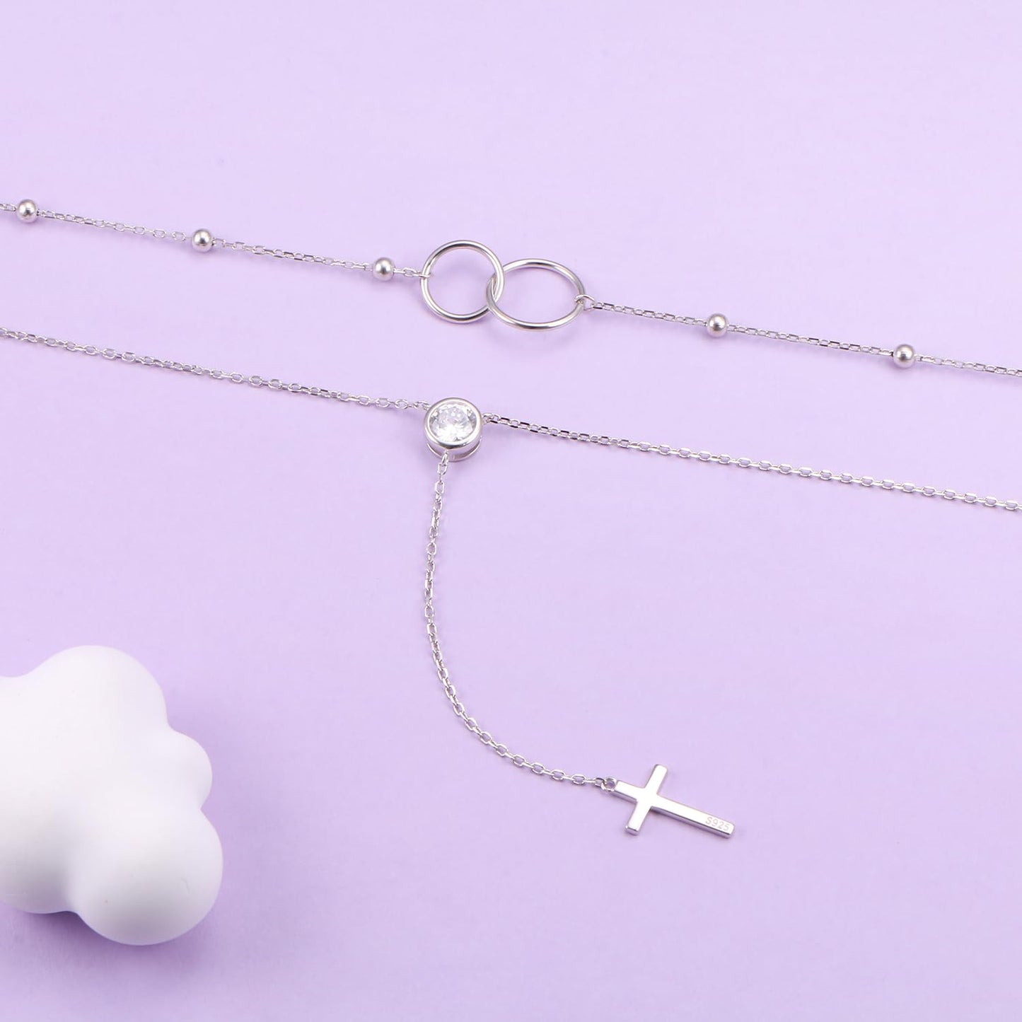 FLYOW Layered Cross Necklace 925 Sterling Silver Two Interlocking Infinity Circles Choker Y Lariat Long Necklace Mothers Day Birthday Gifts for Women