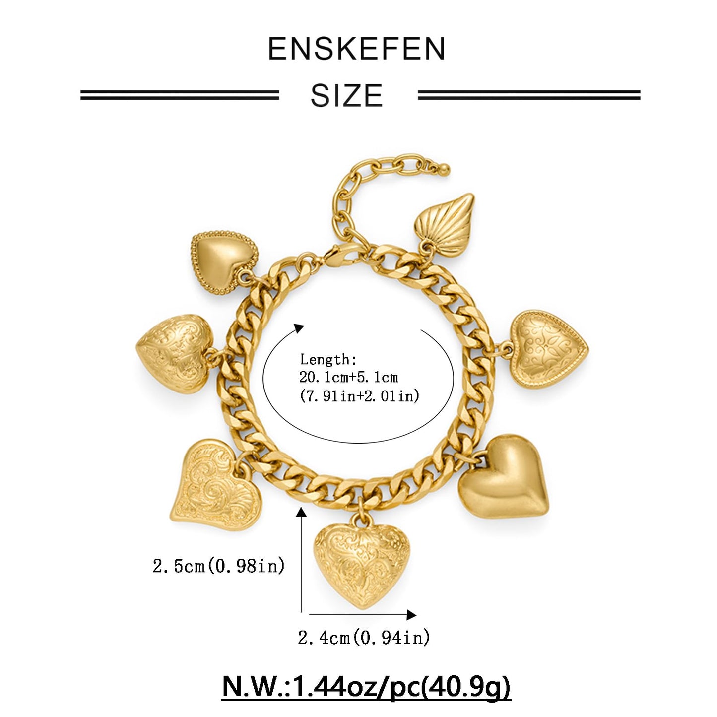 ENSKEFEN Vintage Gold Heart Charm Bracelets for Women Chunky Cuban Chain Bracelet with 7 Love Hearts Charm Adjustable Matte Gold Heart Bracelet