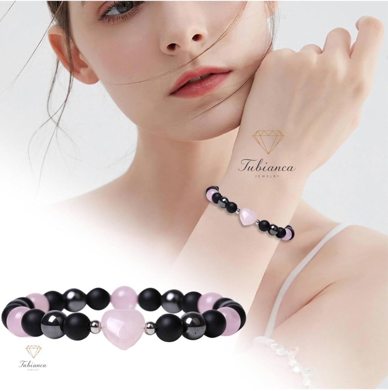 TUBIANCA Rose Quartz Bracelet – Heart Crystal with Hematite & Onyx for Love, Healing & Emotional Balance – Handmade Stretch Bracelet for Women & Men – Spiritual Gift for Inner Peace