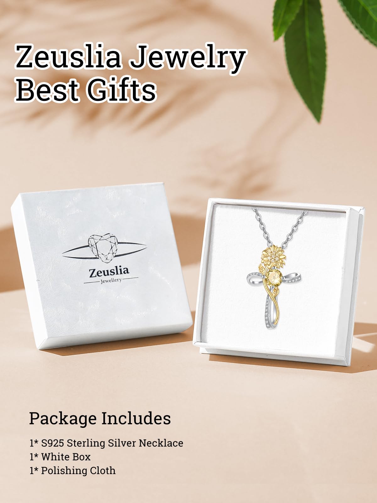 Cross Necklace for Women Sterling Silver Cross Pendant Jewelry with Sunflower Citrine November Birthstone Necklace Christian Religious Baptism First Communion Confirmation Birthday Gifts for Women