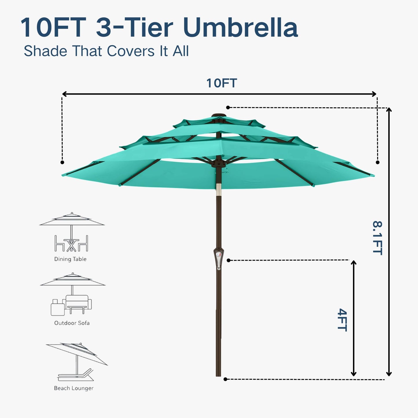 Patio Kingdom 10FT Patio Umbrella 3 Tiers Outdoor Market Umbrella w/Push Button Tilt, Crank, UV and Waterproof Table Umbrella for Garden, Pool, Backyard, Deck, Lawn, Turquoise Blue