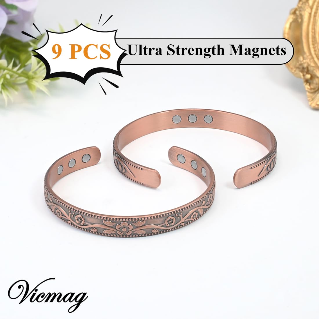 Vicmag Copper Magnetic Bracelet for Women and Men Ultra Strength Magnets 99.9% Pure Copper Strong Magnets Jewelry Gift Adjustable Length(Flower)