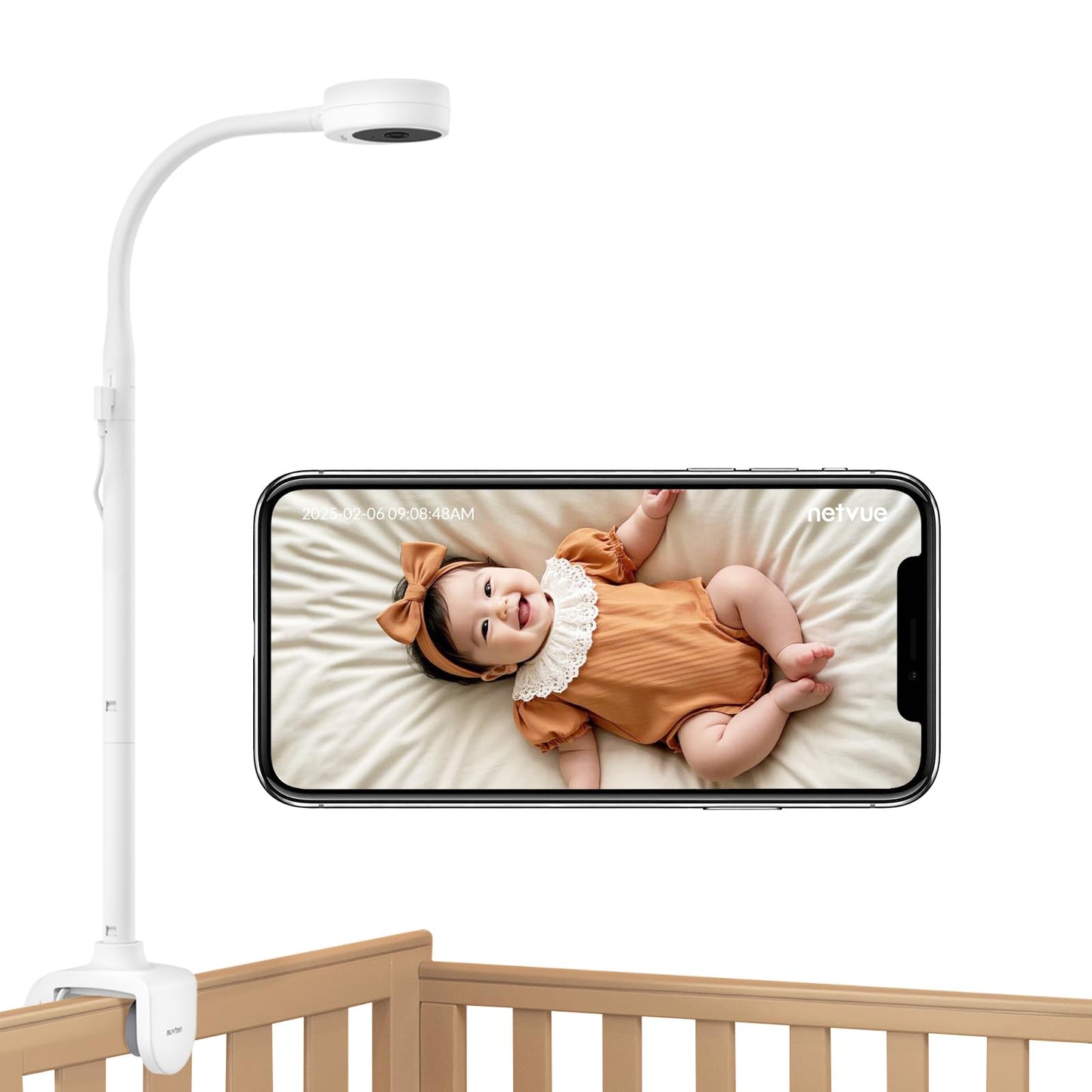 NETVUE Peekababy Baby Camera with Wireless Audio, Adjustable Crib Mount Monitor, Works via 2.4GHz Wi-Fi for Wide Coverage & Stable Connection, Smart App, Two-Way Talk (White)