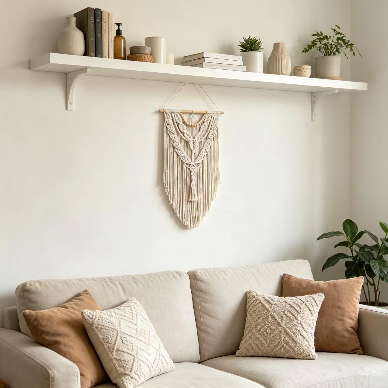 Macrame Wall Hanging Boho Geometric Woven Tapestry Cotton Handmade Bohemian Art Decor with Wood Bead Wall Decor for Bedroom Living Room Apartment Nursery 31.5" L x 17" W (Wood Bead-Y)