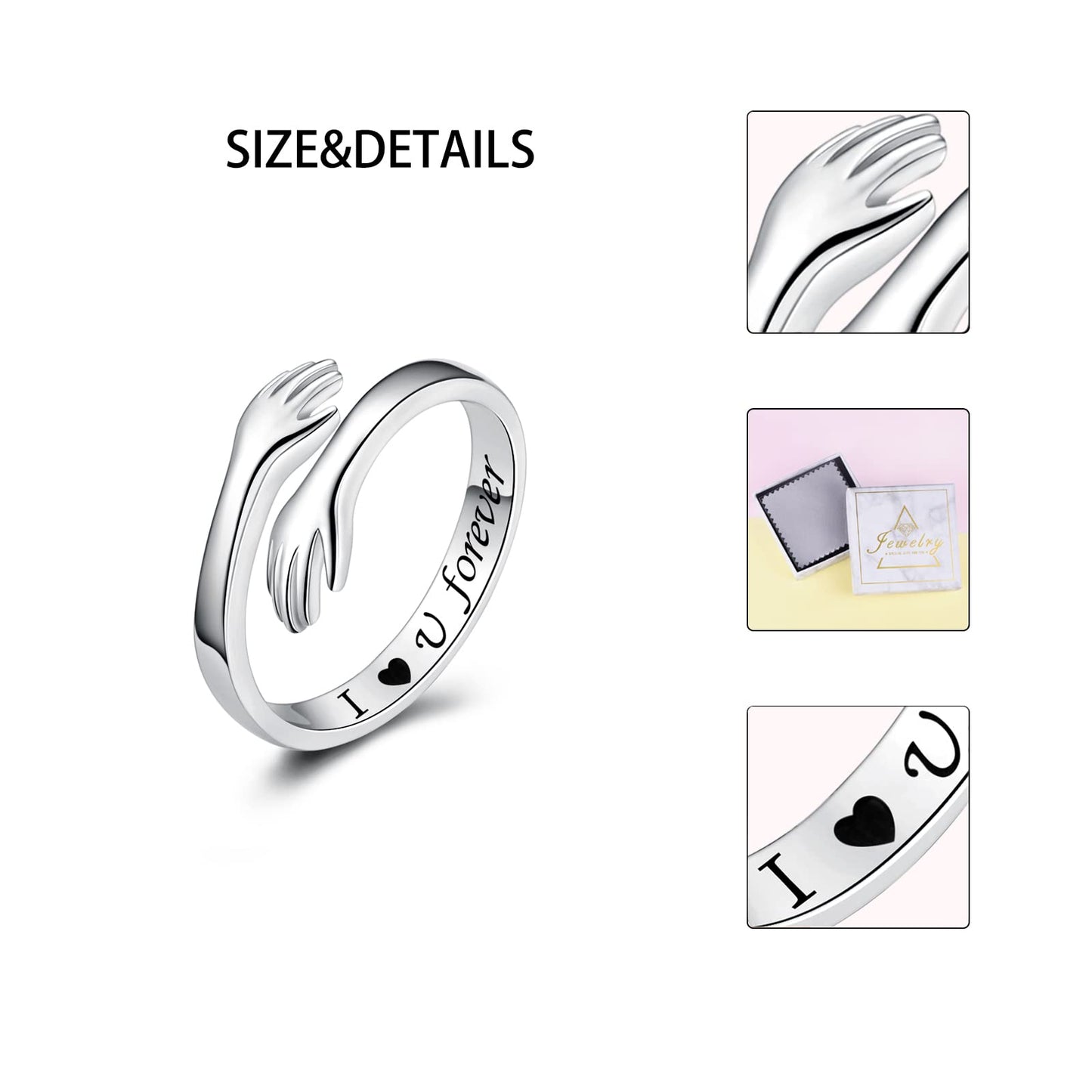 925 Sterling Silver Adjustable Hug Ring Come to My Arm Couple Hugging Rings for Women Mens Wedding Band Rings I Love You Forever Engraved Wrap Around Rings Hand Ring Jewelry for Women Teens (Silver)