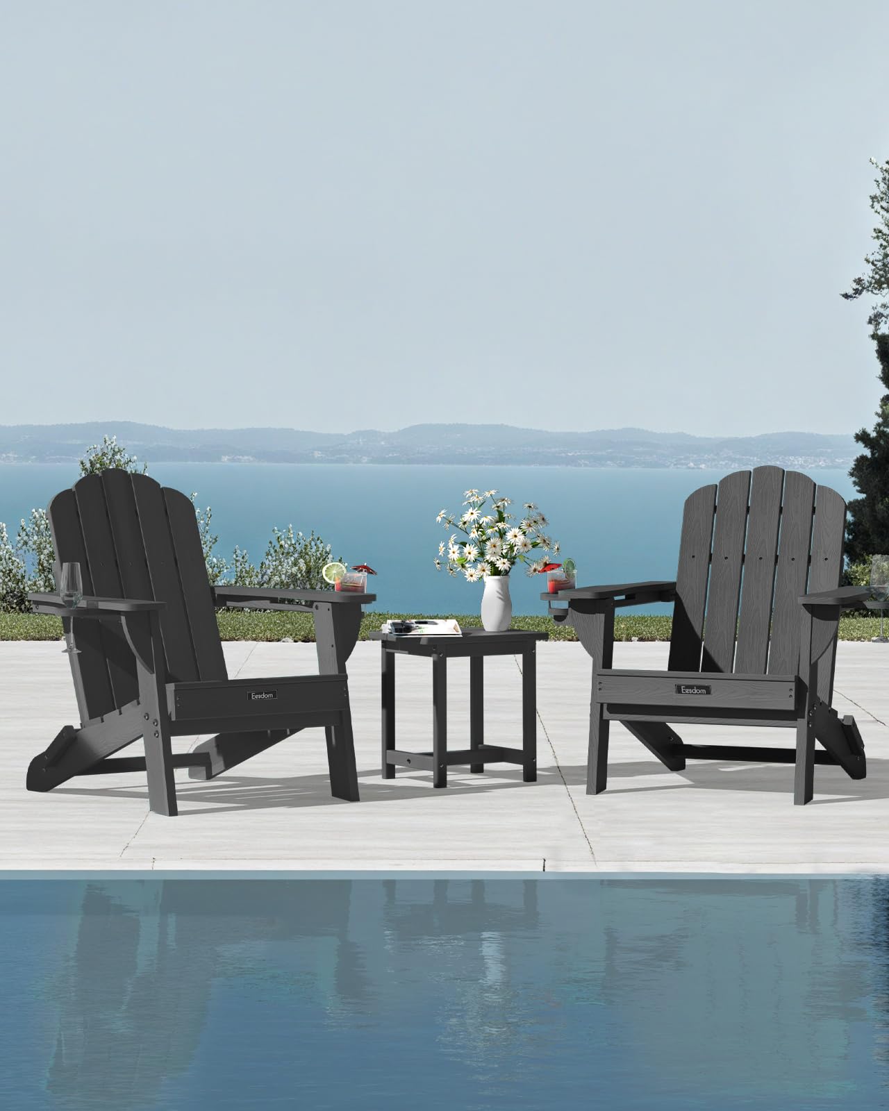 Eesdom Folding Adirondack Chair, HDPE Adirondack Chair with 2 Cup-Holders, Outdoor Chairs for Poolside, Garden, Patio, Grey