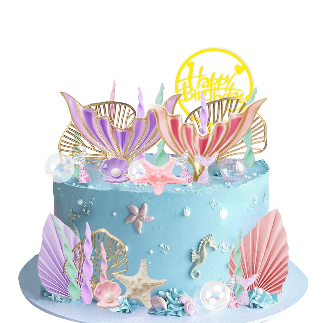 Mermaid Cake Topper Big Mermaid Tails Seaweed Bubbles Shells and Golden Ginkgo Leaves Cake Set for Mermaid Under the sea Cake Decor