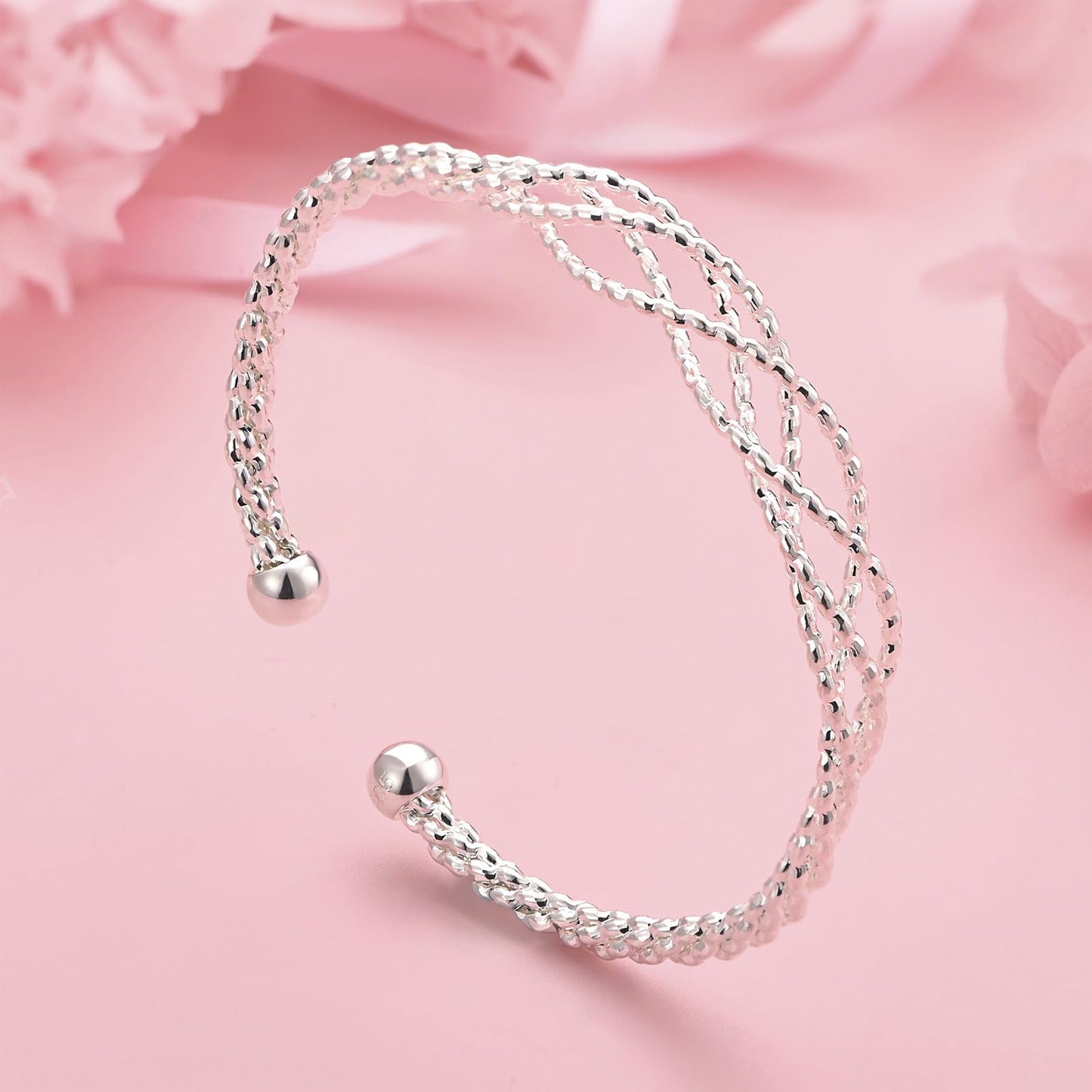 Solid 925 Sterling Silver Bracelet for Women Dainty Open Cuff Bangle Bracelets Trendy Crossover Twisted Bracelet Handmade Adjustable Bracelet Fashion Women Jewelry for Women Teens Birthday Holiday