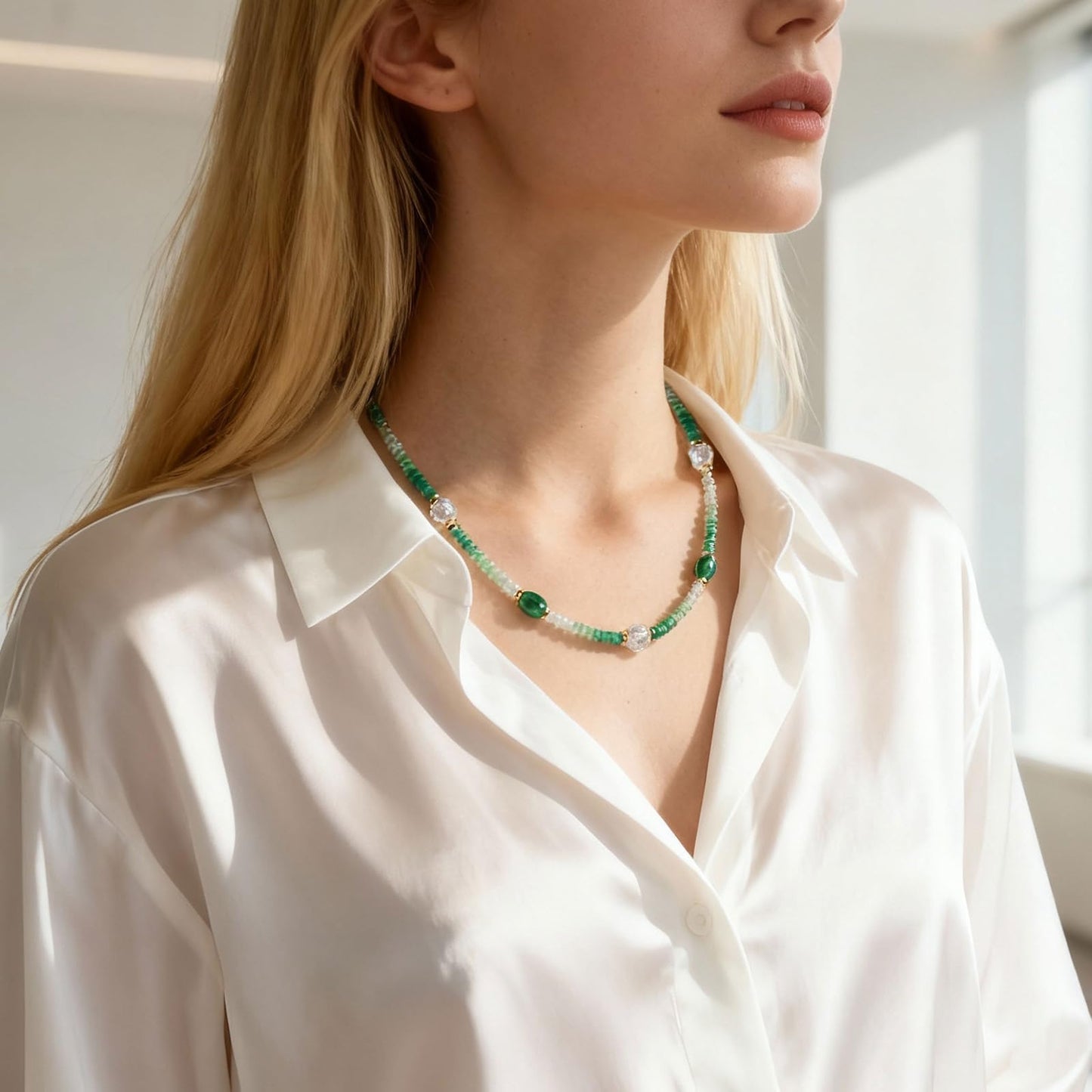 Gmissbabicoo Healing Crystal Necklace for Women Spiritual Zircon Beads Handmade Gemstone with 18k Golden Plated Crystals Stones Beaded Adjustable Necklaces with Jewelry Box Green