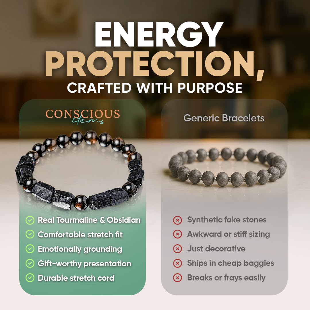 Conscious Items - Spiritual Protection Bracelet - Golden Obsidian & Black Tourmaline Bracelet - Grounding Beaded Bracelets for Men & Women, 6.7 in