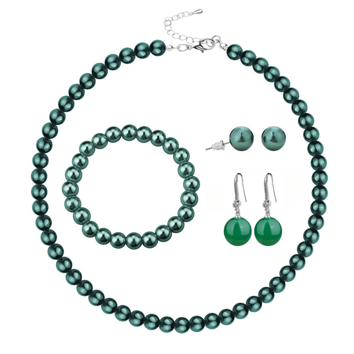 tenghong2021 Fashion Classic Faux Pearl Jewelry Set Necklace Bracelet Earrings for Women Best Gift (Green 4)