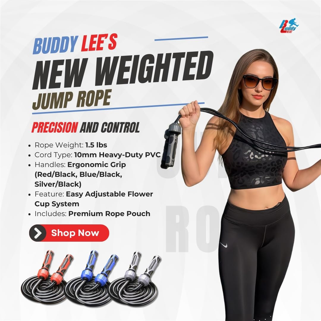 Buddy Lee Weighted Jump Rope 1.5 lbs – Heavy-Duty 10mm PVC Rope with Adjustable Length, Power Grip Handles & Carry Pouch | Jump Rope (Red and Black)