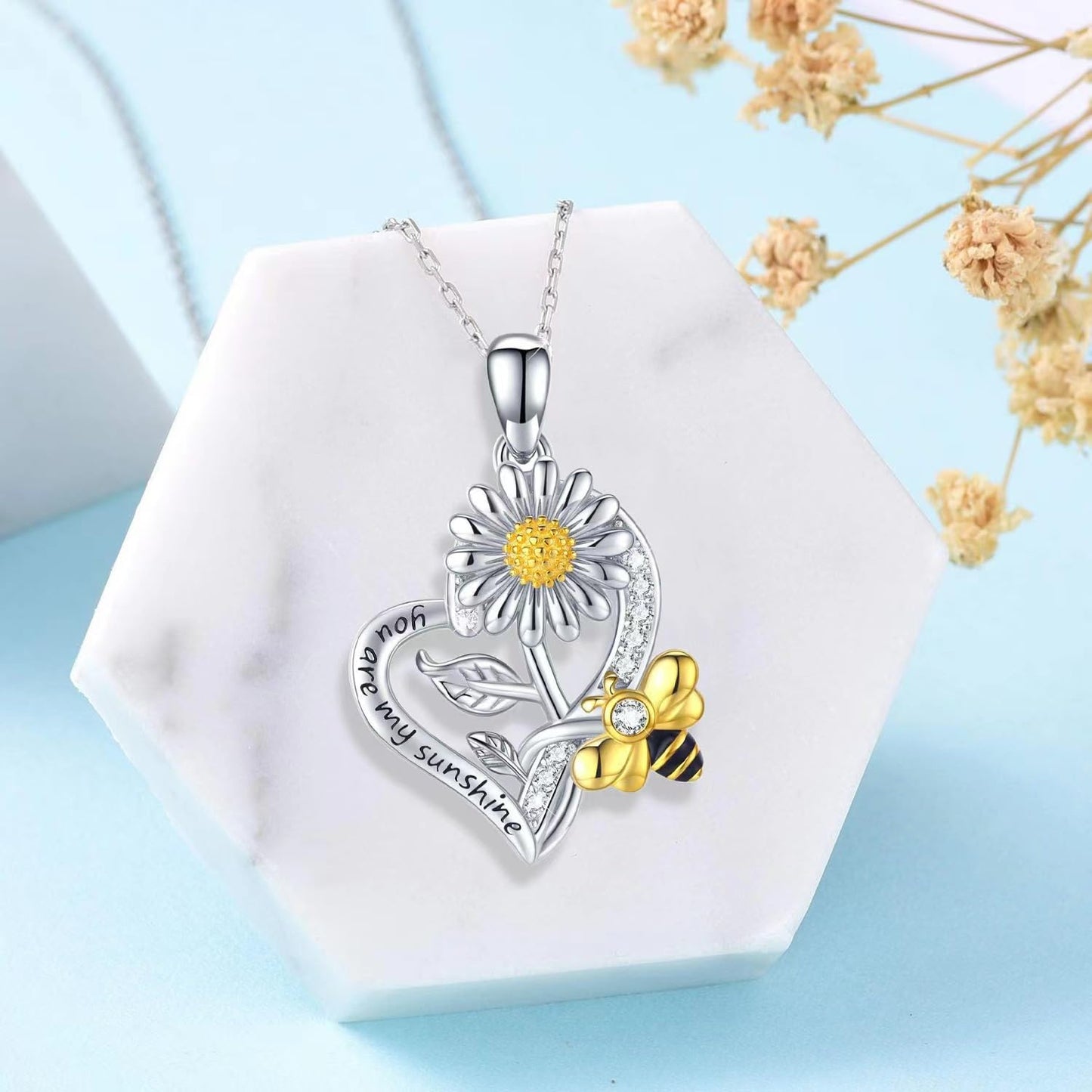 CCJM Bee Necklace for Women,Sunflower Necklaces for Women,925 Sterling Silver Sunflower Gifts,Bee Gifts for Mom,Girlfriend,Daughter,Sister