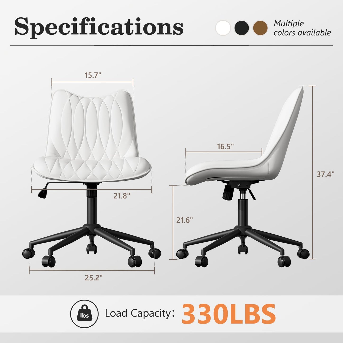 Bananister Armless Office Chair, Desk Chair No Arms, Adjustable Swivel Rolling Task Chair with Wheels, Faux Leather Upholstered, Compact for Small Space Home Office & Bedroom Vanity, White