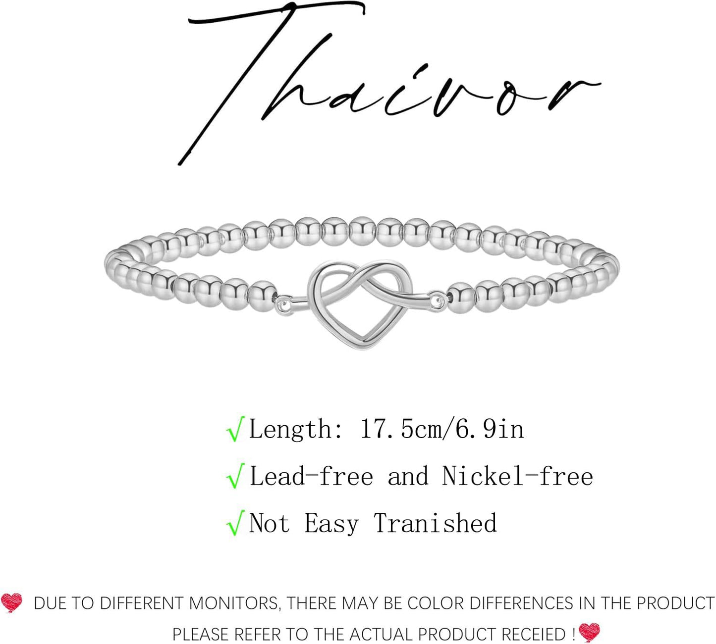 Beaded Bracelets for Women 14K Silver Gold Plated Stretch Handmade Ball Bracelets Cute Charm Bracelet Dainty Stackable Cross Heart Bow Wave CZ Circle Trendy Jewelry Easter Gifts (knot-heart-silver)