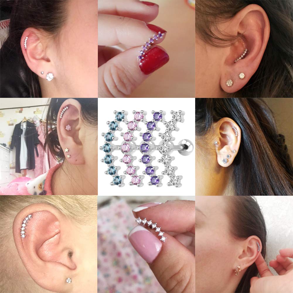 ZS Curve Seven Stud CZ Stud Earrings 316L Stainless Steel Ear Helix Conch Cartilage Piercing (Pink)