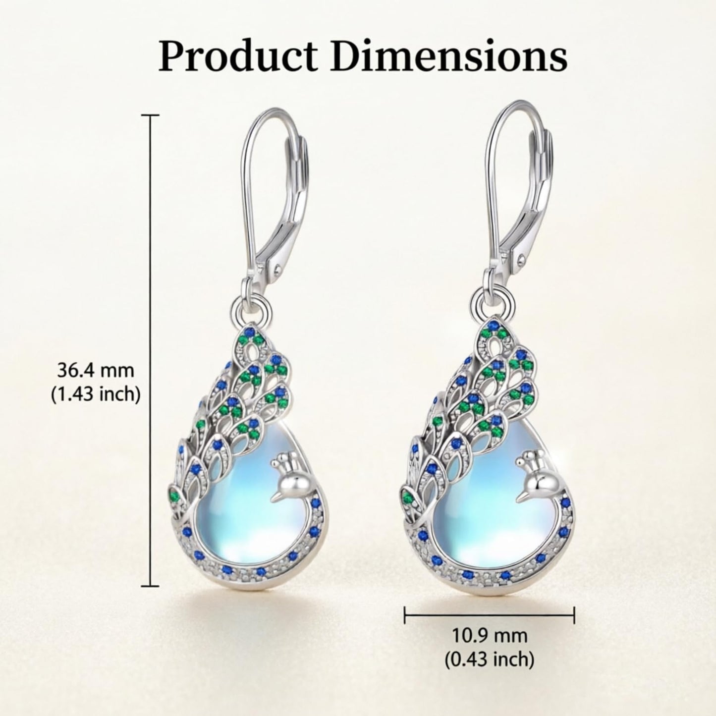 LUANIOL Peacock Earrings 18K White Gold Plated Moonstone Dangle Earrings Peacock Jewelry Gifts for Women