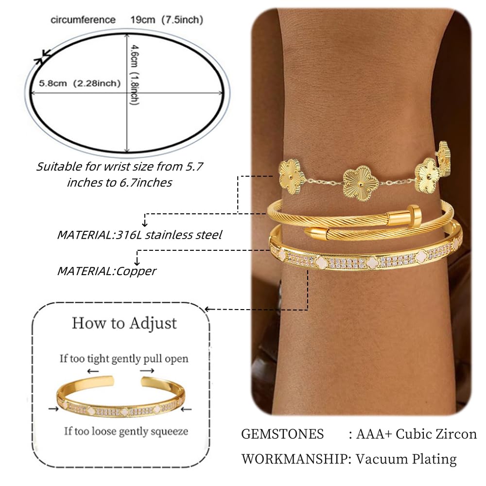 Nail Bracelets set for Women 3Pcs Stackable Love Bangle 18K Gold Plated Clovers Bracelet Floral Bracelet Set Trendy Gifts for Women (White)