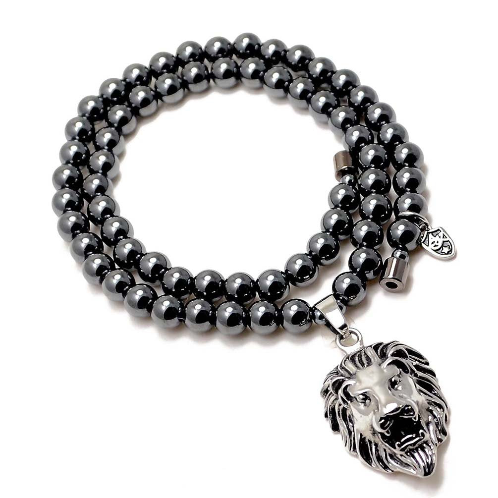 Accents Kingdom Men's Hematite Therapy & Healing Stone Round Bead Necklace With Stainless Steel Lion Head Pendant 24"