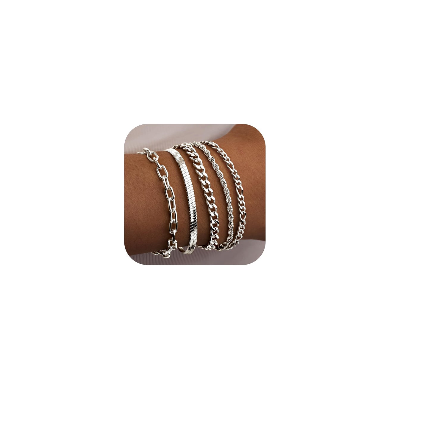 Poxtex Dainty Silver Bracelets for Women, Silver Bracelet Set Waterproof,Trendy Silver Bracelet Set StackableSimple Cuban Snake Rope Paperclip Chain Bracelet Jewelry Gifts for Women