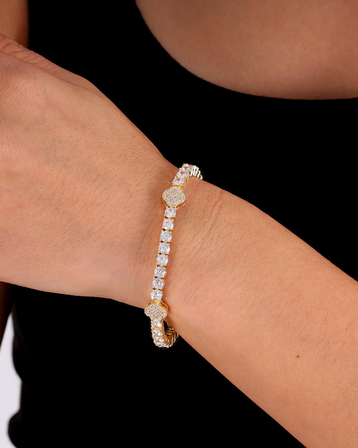 LuxeFlex 4mm Iced Out Clover Tennis Bracelet, White Gold Plated with 5A Zircon Stones, Handmade exquisite Hip Hop Jewelry, Perfect Unisex Gift (Gold-All stone,7)