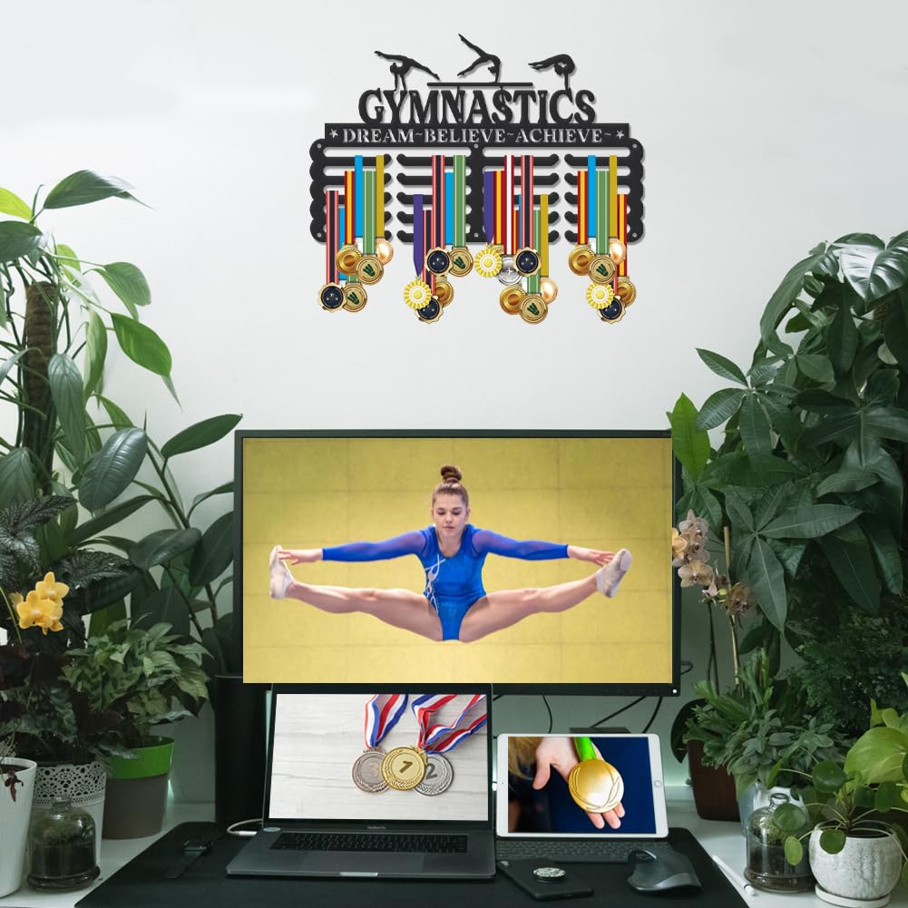 SUPERDANT Gymnastic Medal Hanger Display Women Girls Gymnastic Award Metal Holder Rack Star Gymnastics Holder Display 5 Rows 20 Hangers Medal Rack Wall Mounted Race Hanger Gifts for Athletes Kids