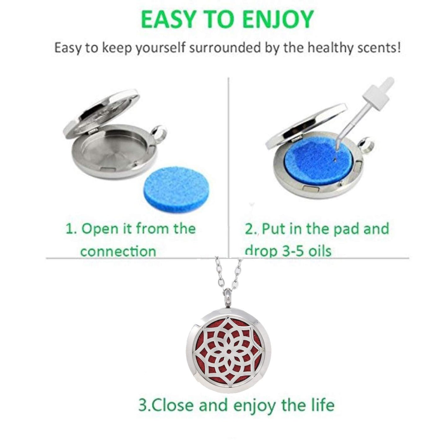 Aromatherapy Essential Oil Diffuser Stainless Steel 30MM Silver Locket Pendant 2 Sizes Chain Necklace, Refill Pads & Diffuser Bracelet in a Velvet Bag (flower2)