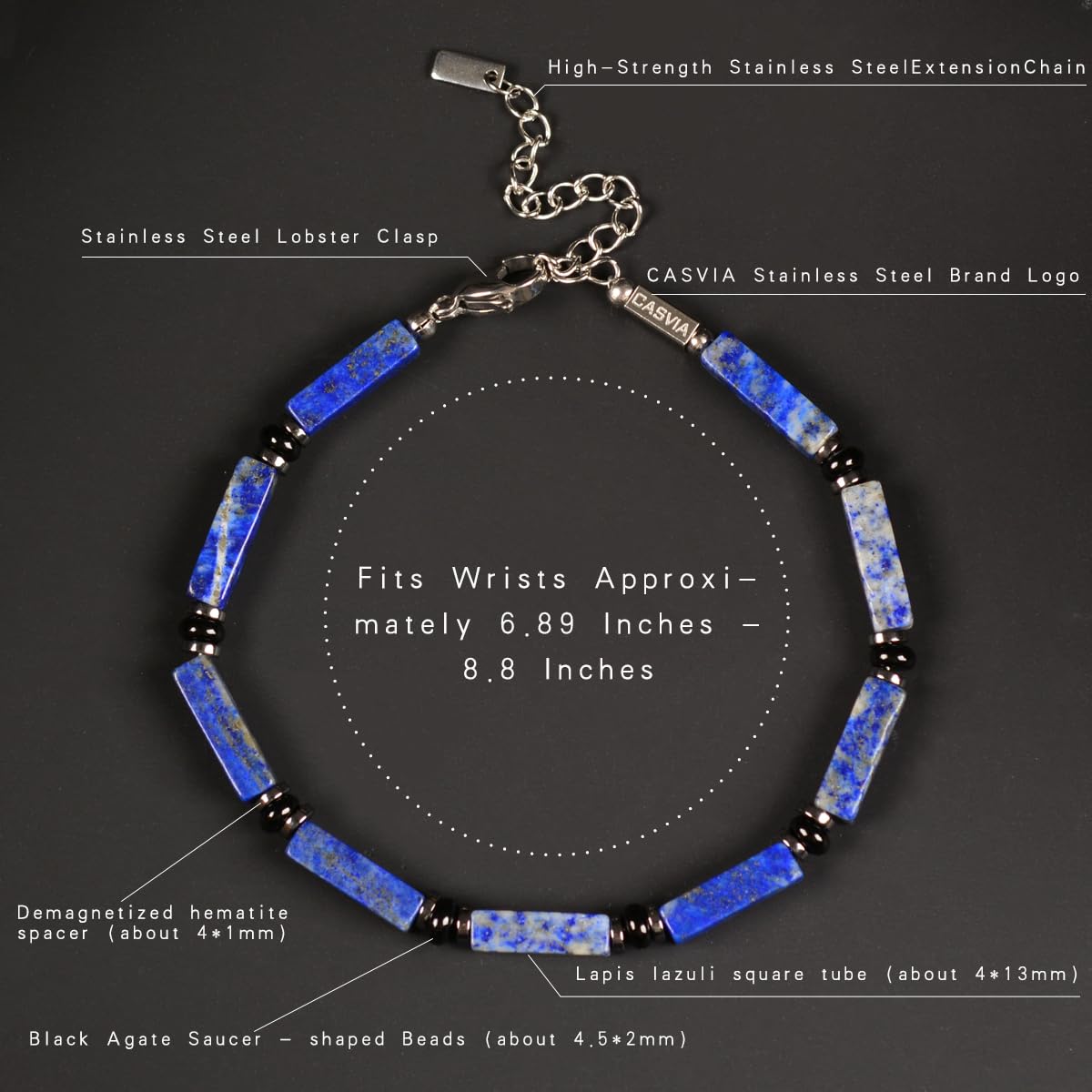 Casvia Men's Lapis Lazuli Chakra Protection Bracelet, Hematite Black Agate Beaded Bracelet, Stainless Steel Adjustable Mens Jewelry | Gift for Father Boyfriend Husband
