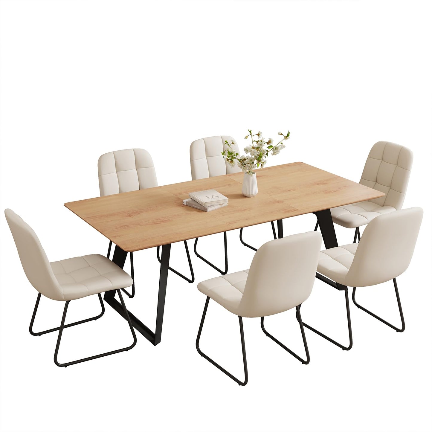 ZckyCine 63"-79" Expandable Dining Table Set for 6, Wood Table & 6 White Chairs, Extendable Kitchen Dining Table Set for Kitchen & Dining Room, Modern Oak & White