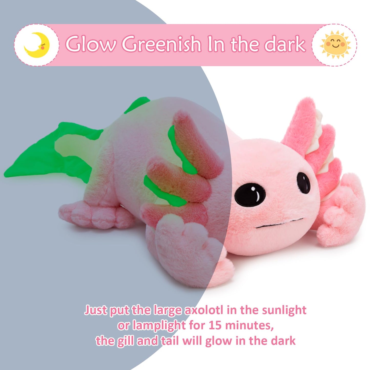 MaoGoLan Giant Axolotl Plush Toy Stuffed Animal, 40" Glow in The Dark Axolotl Plush Pillow for Girl Boy Kid, Soft Jumbo Pink Salamander Body Pillow for Birthday Gift Baby Shower Party Favor Decor