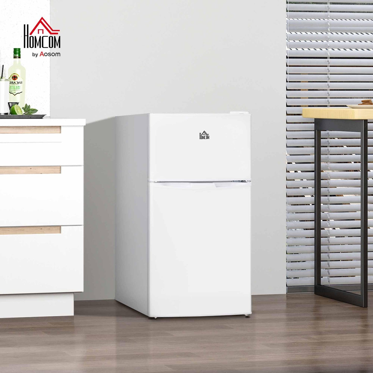 HOMCOM 3.2 Cu.Ft Mini Fridge with Freezer, Double Door Compact Refrigerator with Adjustable Thermostat, Shelf and Reversible Door for Bedroom, Dorm, Home Office, Energy Efficient, White