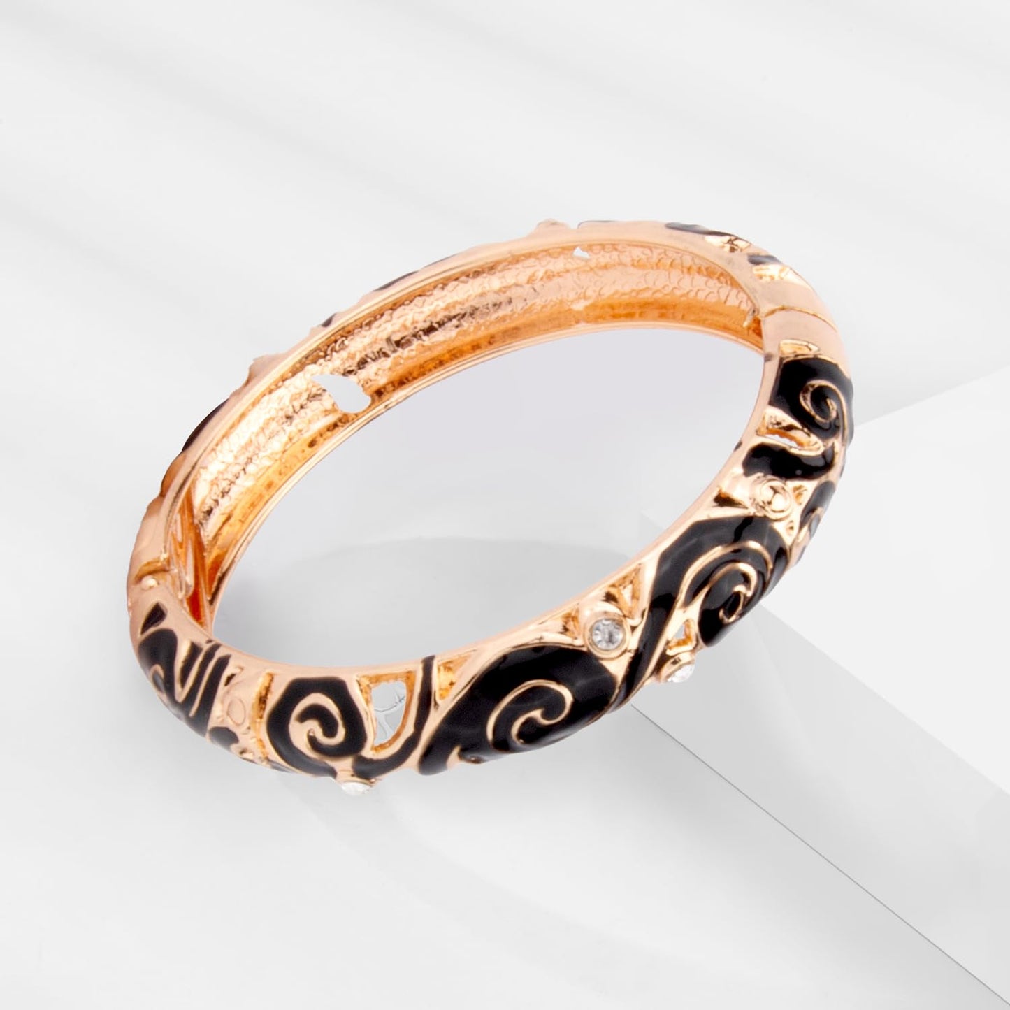 UJOY Vintage Cloisonne Jewelry Bracelet Plated Handmade Bead Rhinestones Enamel Spring Cuff Bangles 2 Pcs Set for Womens Gift 88A17-55A117 Black