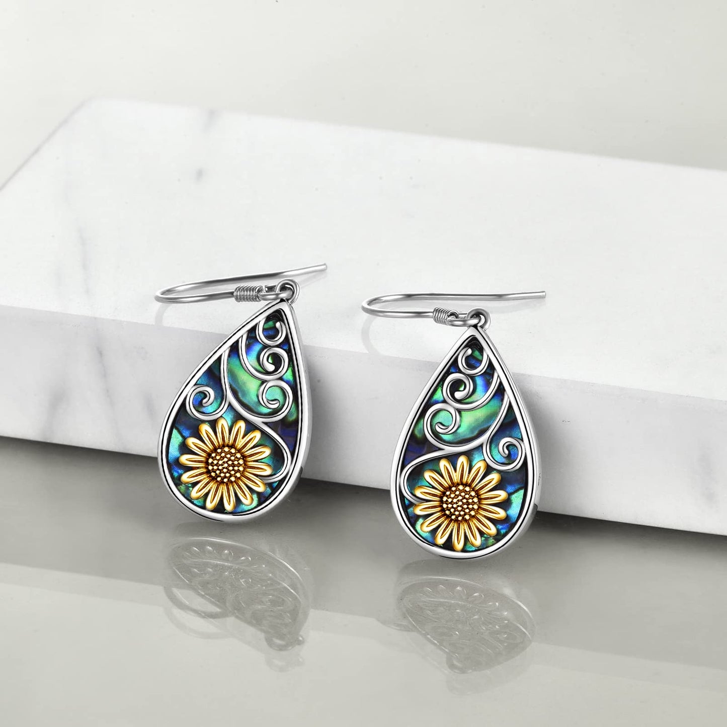 POPLYKE Sunflower Earrings for Women 925 Sterling Silver Teardrop Abalone Earrings Dangle Sunflower Jewelry Gifts Birthday