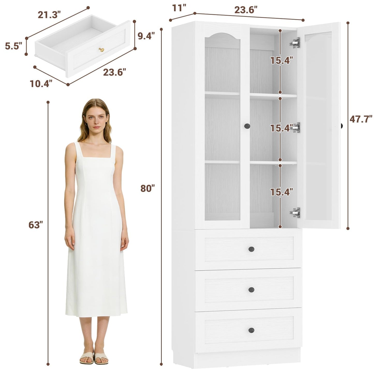 Cyclysio 80" Tall Pantry Cabinet for Kitchen Storage, 2 Set White Pantry Cabinet with Glass Doors & 3 Drawers - Freestanding Storage Bookcase with Built-in Baseboard Notch for Dining, Living Room