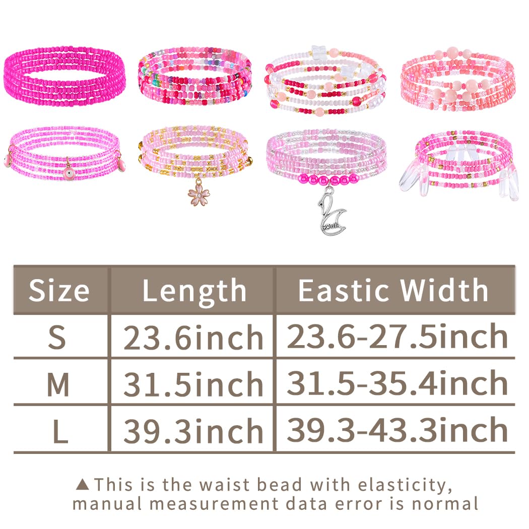 ELABEST 24-39inch African Waist Beads for Women 8Pcs Elastic Belly Beads Colorful Beaded Waist Jewelry Accessories Body Chain (Pink, 31.5inch/80cm)