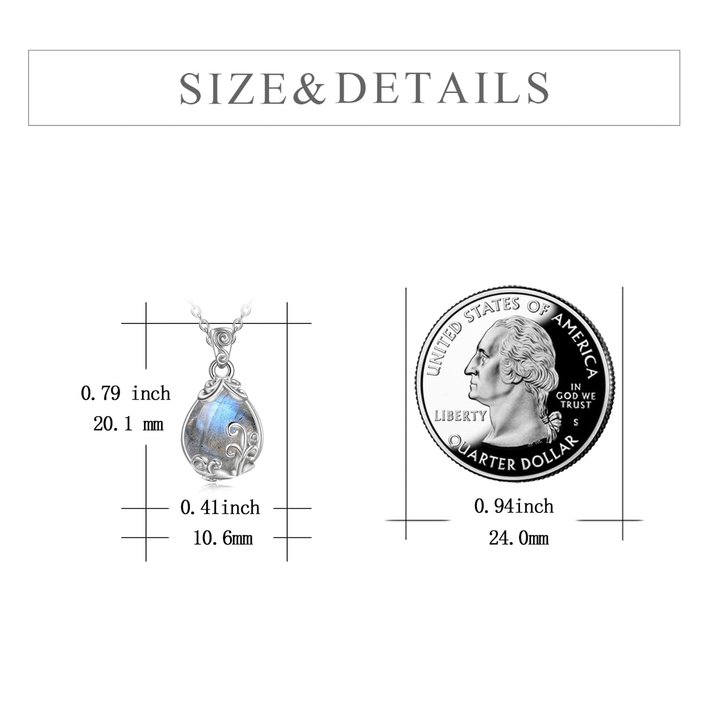 POPLYKE Sterling Silver Labradorite Filigree Teardrop Necklace Jewelry for Women(Small)