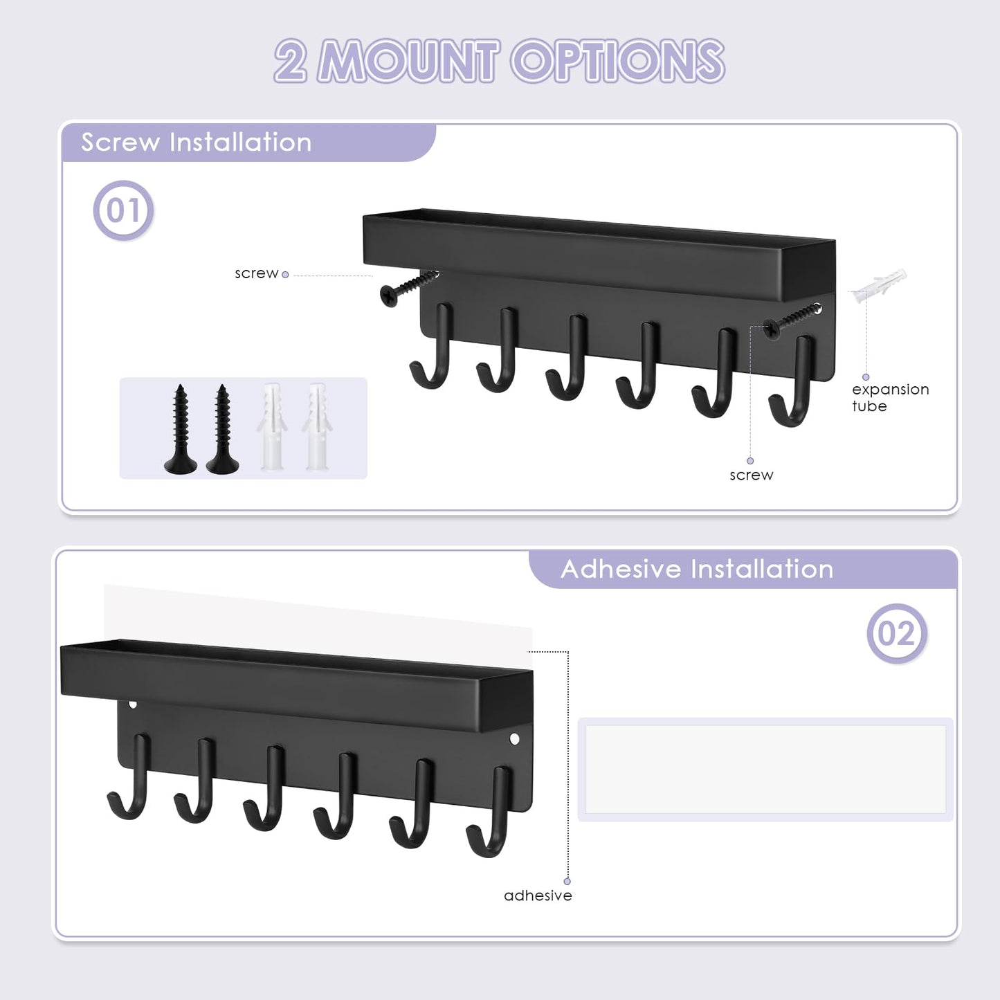 VIS'V Key Holder Wall Mount, Compact Adhesive Key Rack with Tray, 6 Hooks, 2 Mount Options, Black