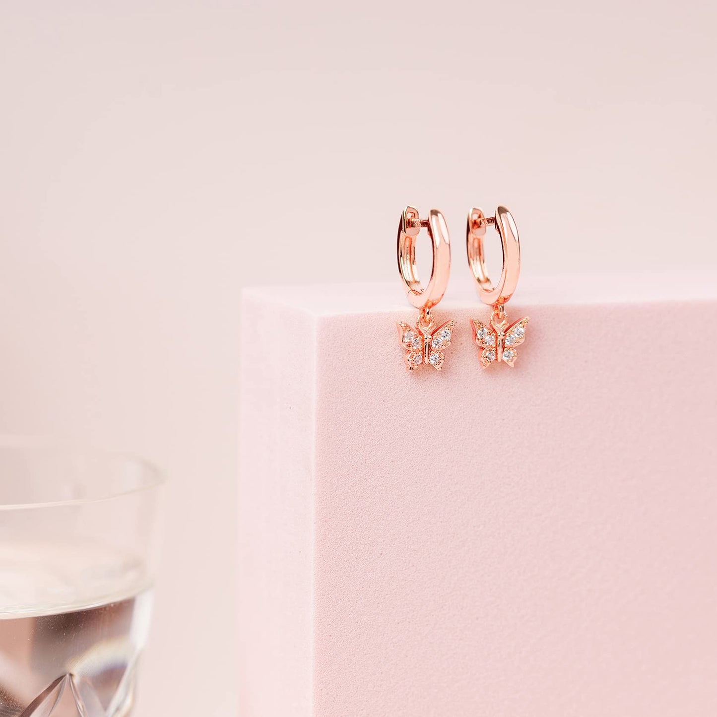 PAVOI 14K Rose Gold Plated 925 Sterling Silver Post Cute Dangle Huggie Hoop Earrings For Women - Trendy Butterfly Hoop Earrings - Small Hinged Huggies