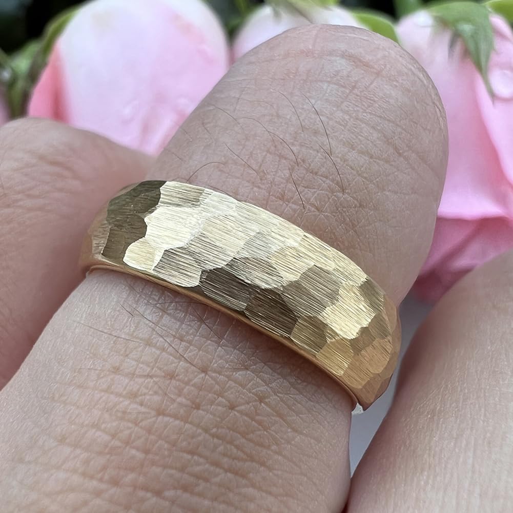 TUTISS 6mm Gold Hammered Tungsten Rings for Men Women Engagement Wedding Bands Domed I Love You Engraved Comfort Fit Size 8