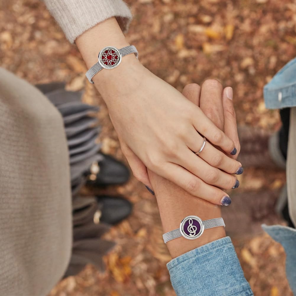 Hobbspring 2 Styles Essential Oil Diffuser Bracelet 8.82 inch Stainless Steel Watch Band Bracelets Aromatherapy Locket Adjustable Bracelet with 20Pcs Washable Refill Pads for Women Men Friends