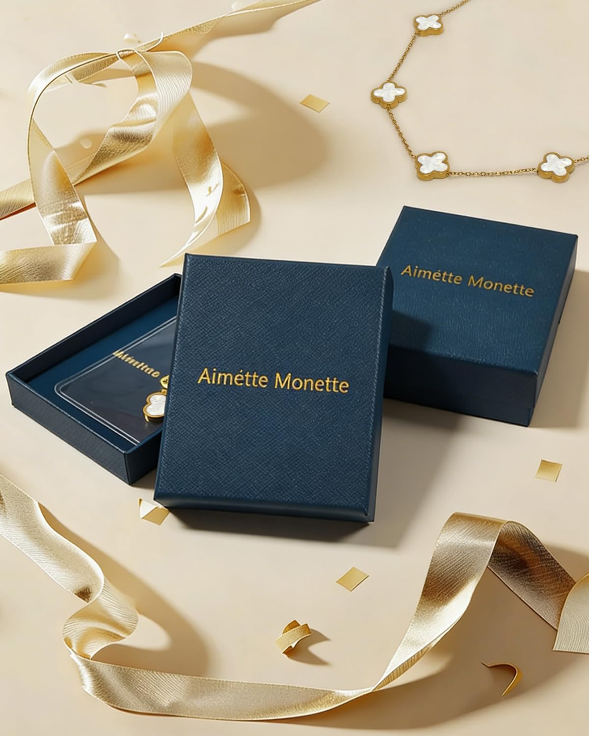 Aimétte Monette 18K Gold Plated Jewelry Set, Clover Necklace Stud Earrings for Women Hypoallergenic White Lucky Clover Pendant Necklace Gifts for Women Trendy