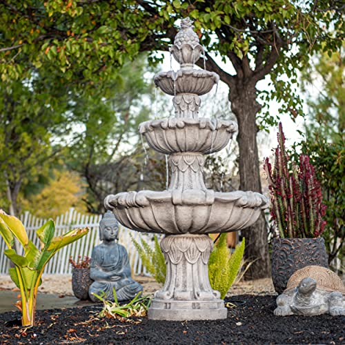 XBrand 58.3" 3-Tier Outdoor Water Fountain – Dark Gray Freestanding Classic Leaf Design with Bird Bath, Pump & Large Water Capacity – Garden, Yard, Lawn, or Patio Décor