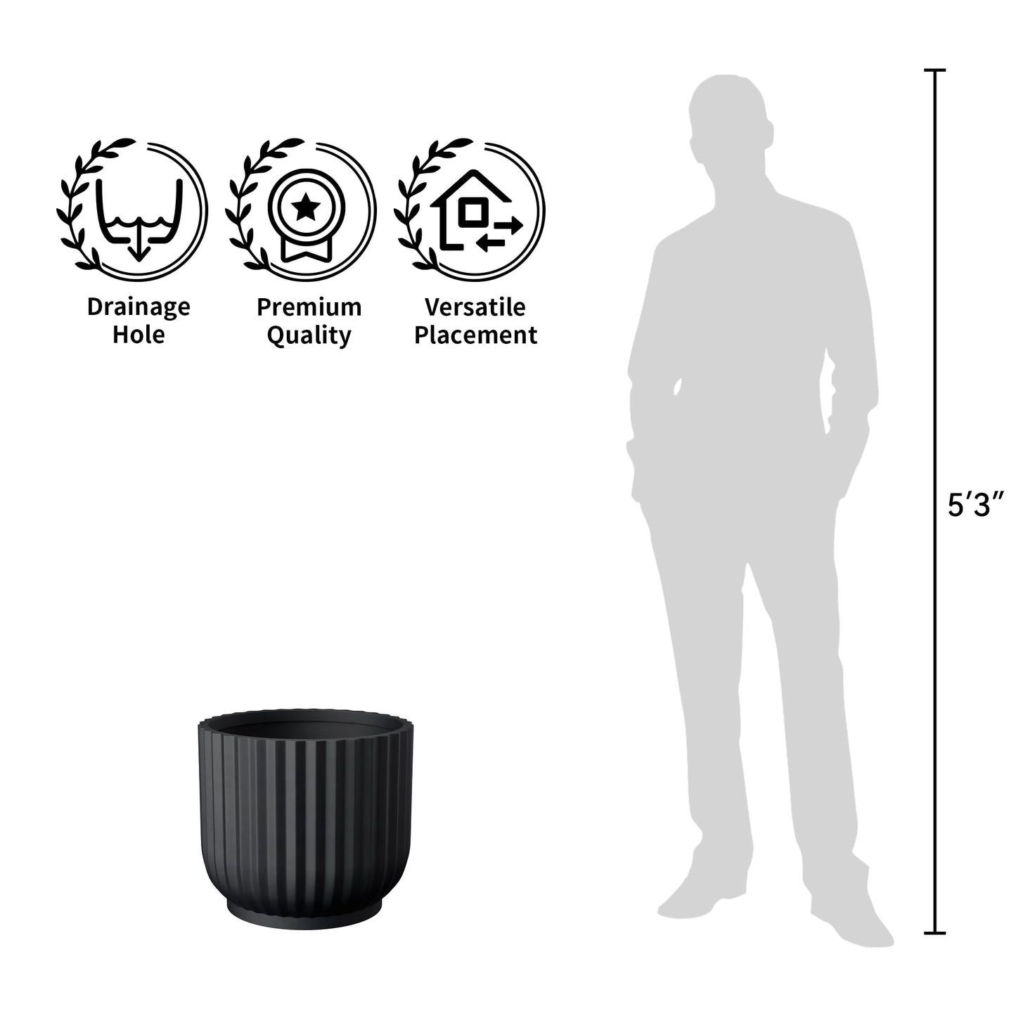 Kante Round Fulted Concrete Planter, 16.7 Inch Dia Large Plant Pot with Drainage Hole for Indoor Outdoor Plants, Modern Decor for Home, Patio, Garden, Black